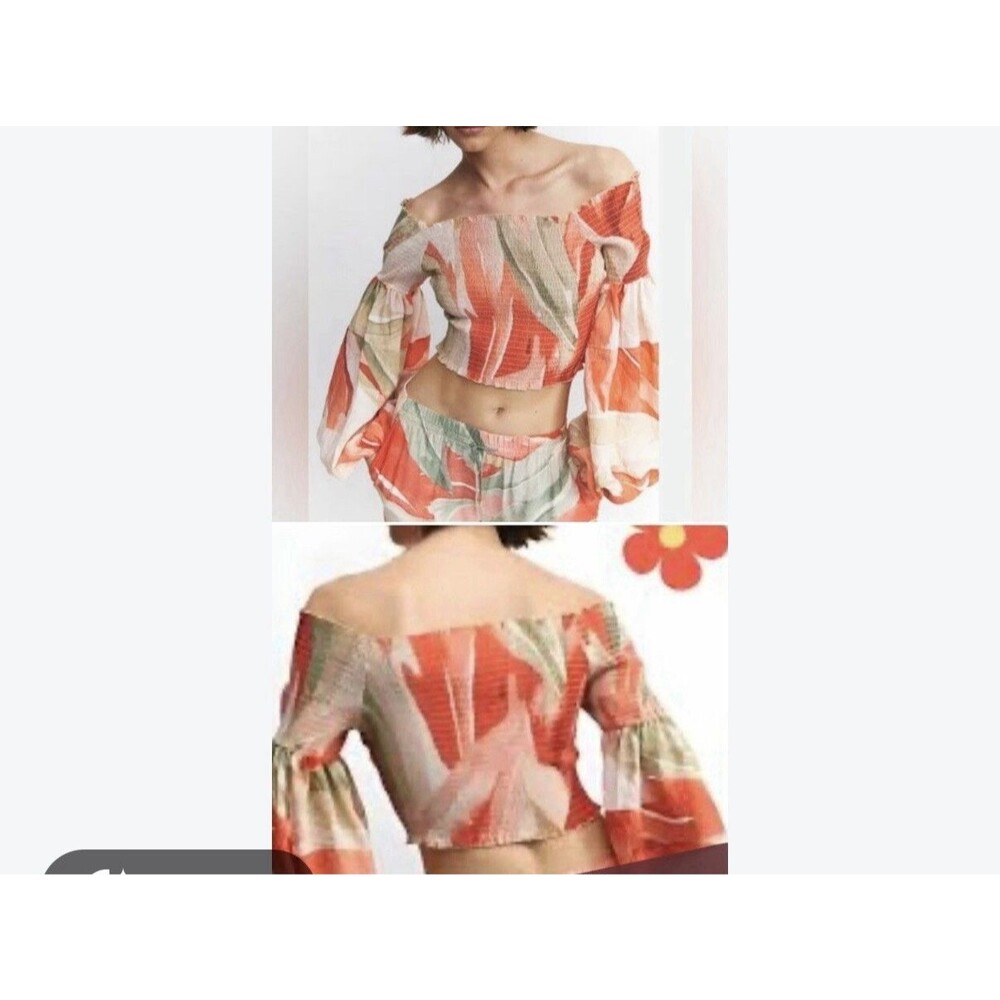 H&M Cropped Smocked Tropical Top Peasant Balloon Puff Sleeve Floral S Sexy